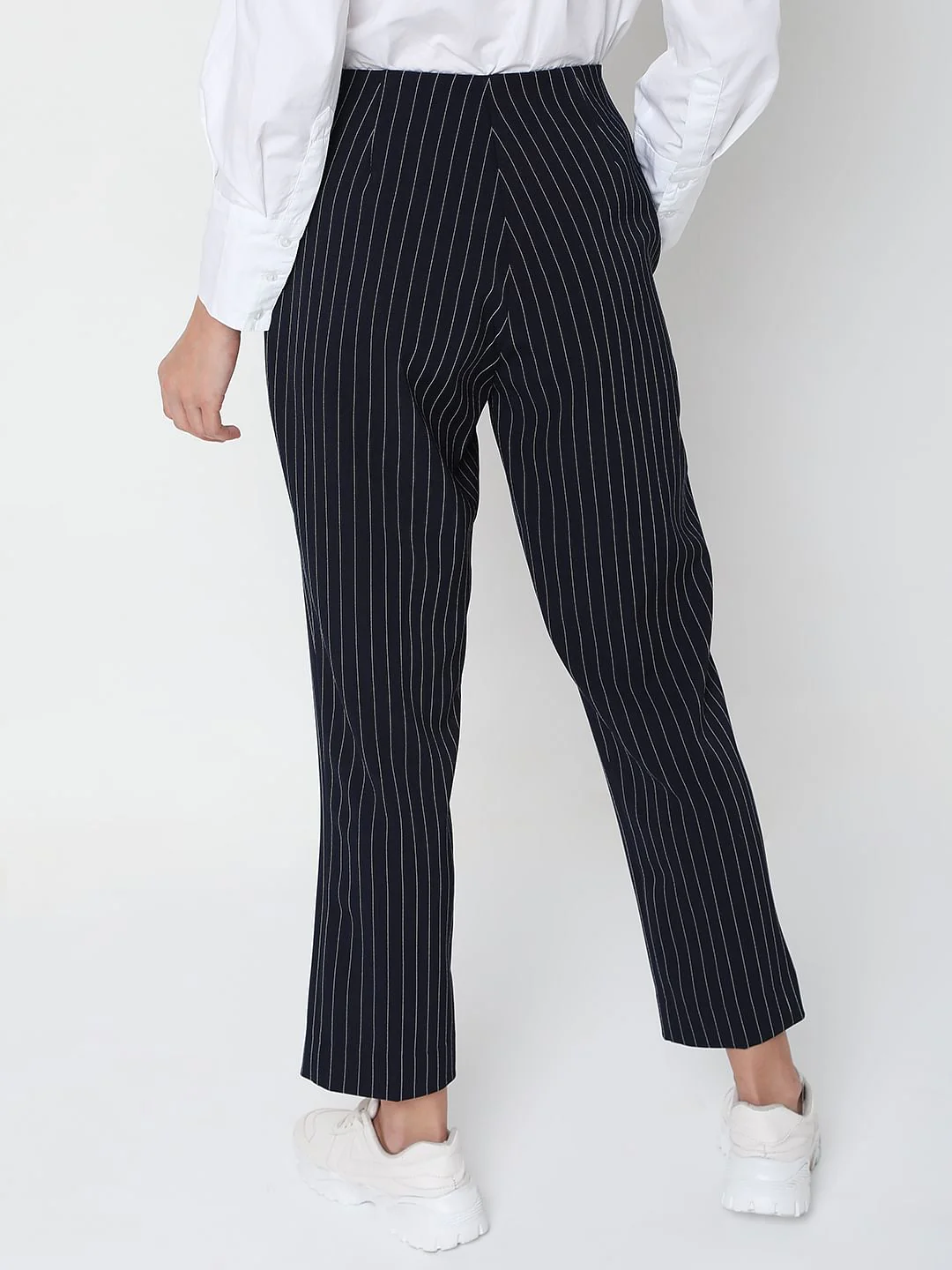 Navy Blue Mid Rise Striped Pants - Image 4