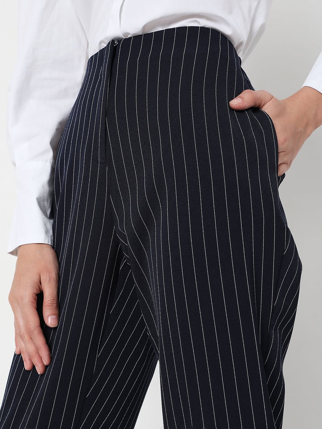 Navy Blue Mid Rise Striped Pants - Image 5