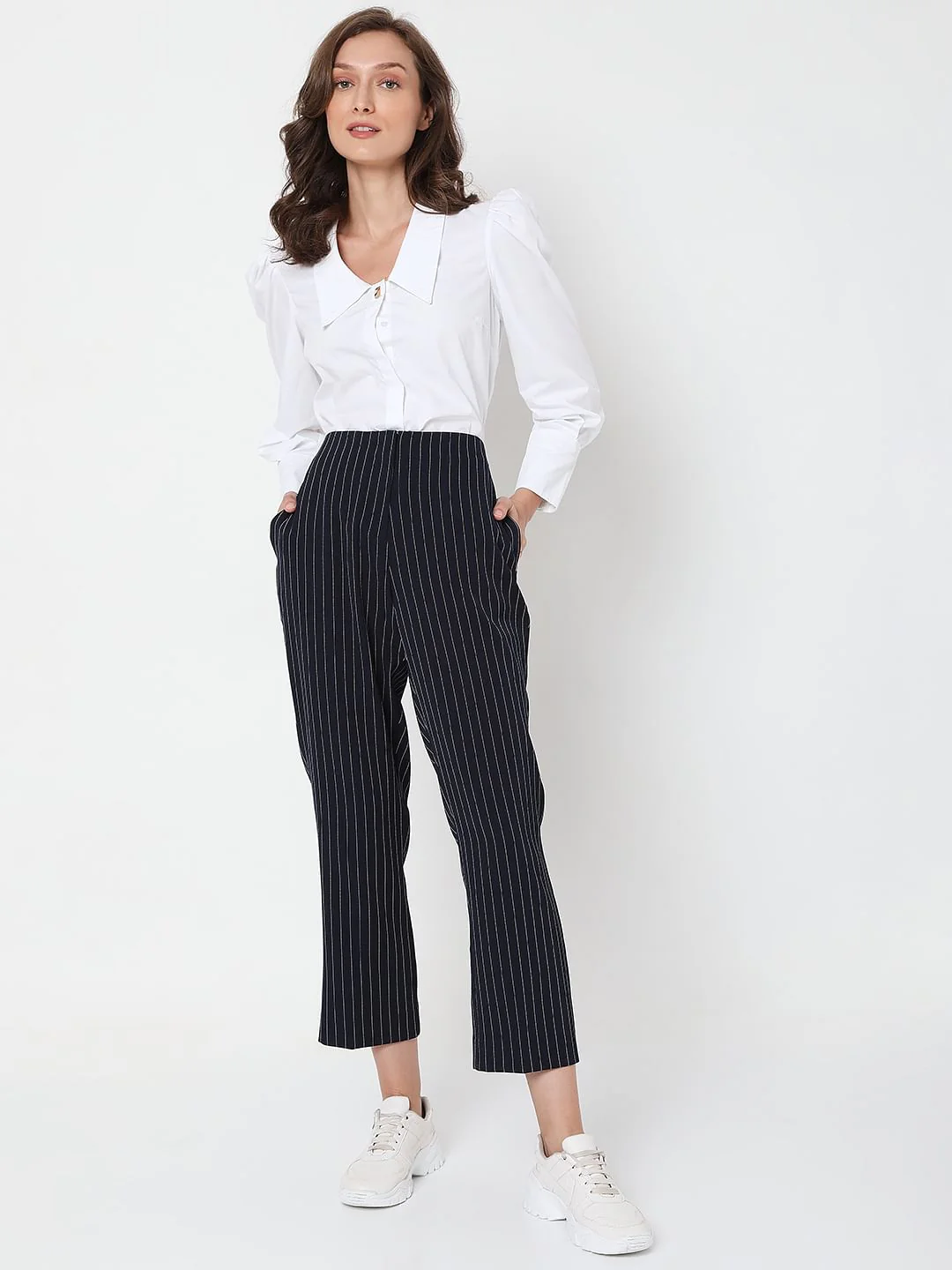 Navy Blue Mid Rise Striped Pants - Image 6