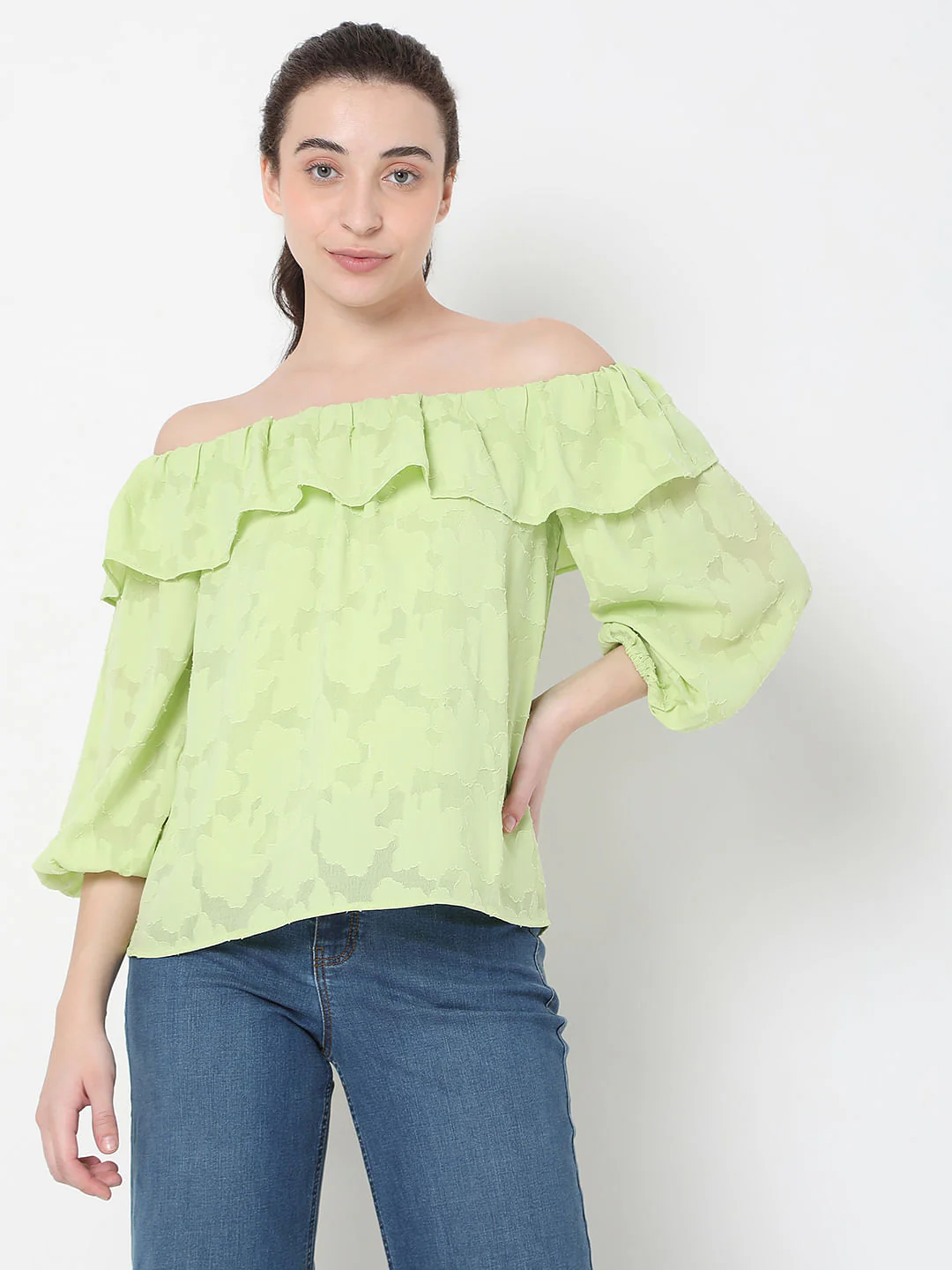 Green Floral Jacquard Print Off-Shoulder Top - Image 2