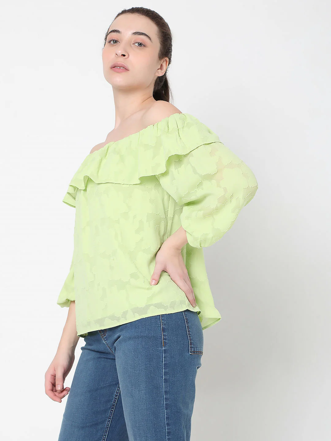 Green Floral Jacquard Print Off-Shoulder Top - Image 3