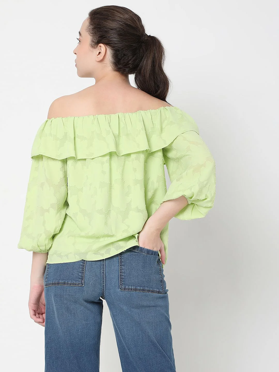Green Floral Jacquard Print Off-Shoulder Top - Image 4