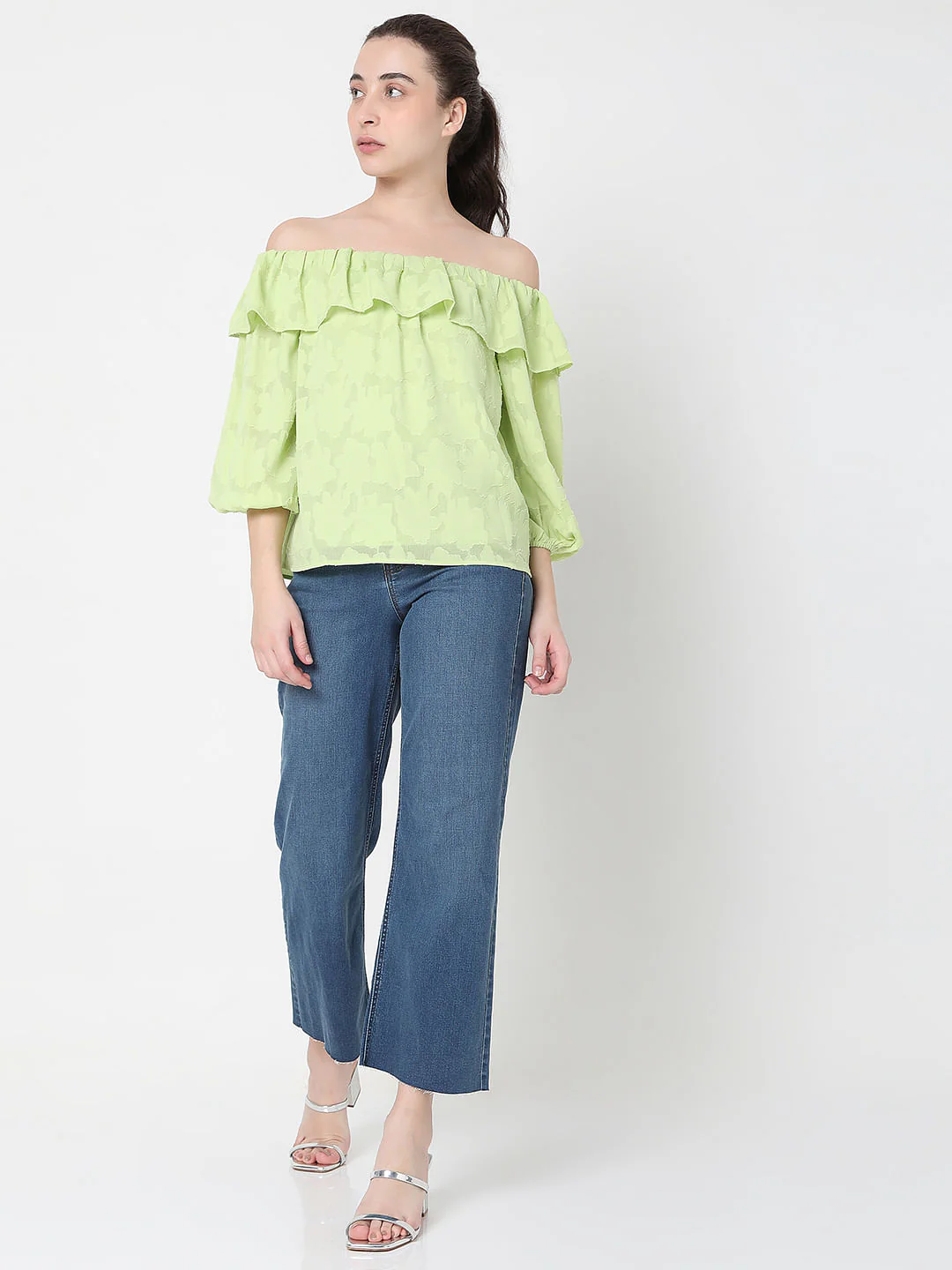 Green Floral Jacquard Print Off-Shoulder Top - Image 5