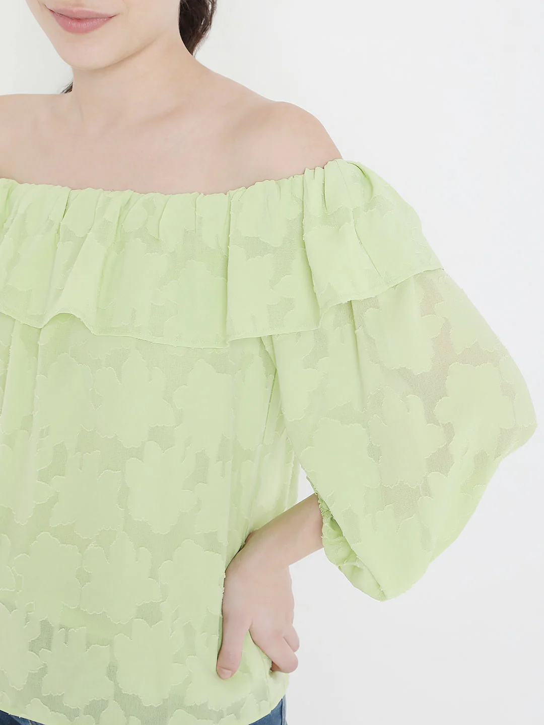 Green Floral Jacquard Print Off-Shoulder Top - Image 6