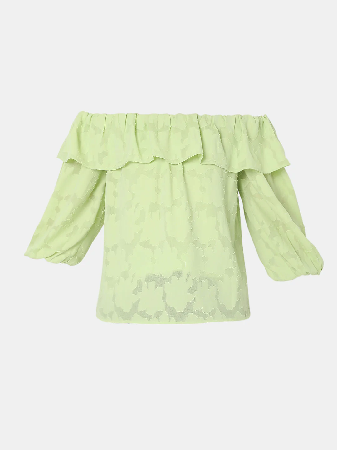 Green Floral Jacquard Print Off-Shoulder Top - Image 7
