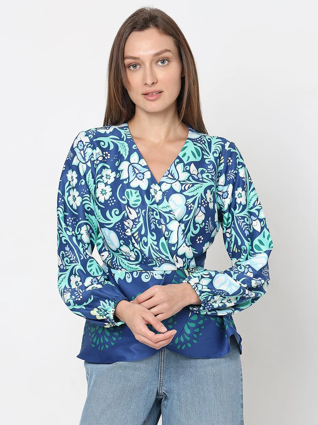 Blue Printed Wrap Top - Image 2