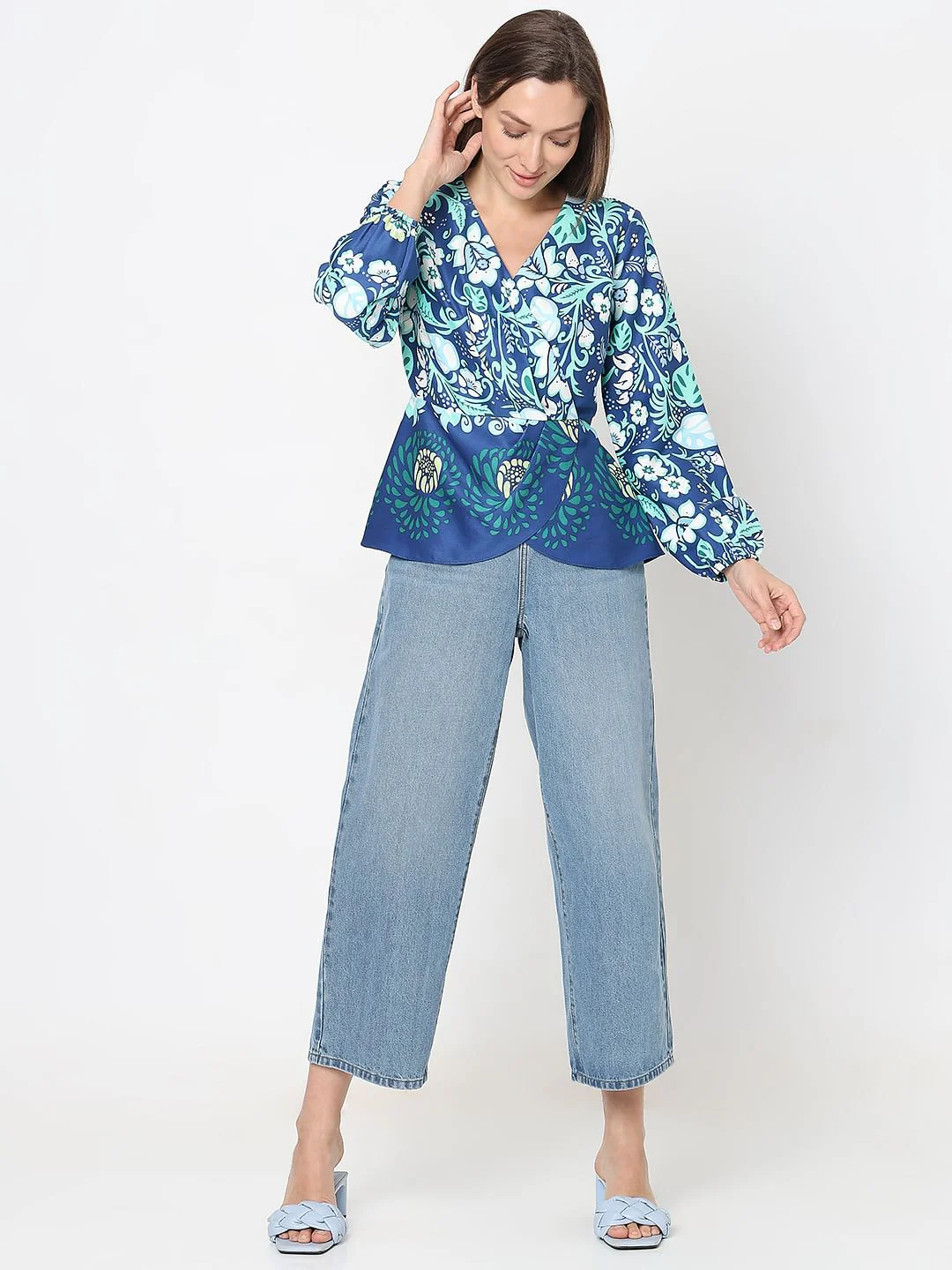 Blue Printed Wrap Top - Image 5