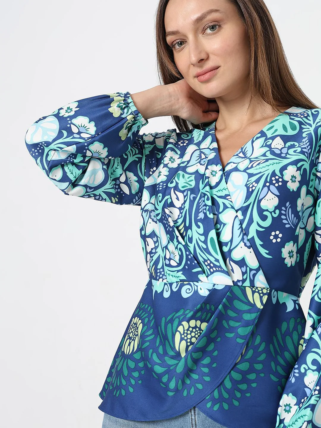 Blue Printed Wrap Top - Image 6