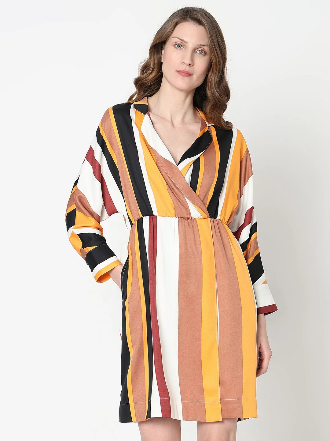 White Striped Mock Wrap Dress - Image 2