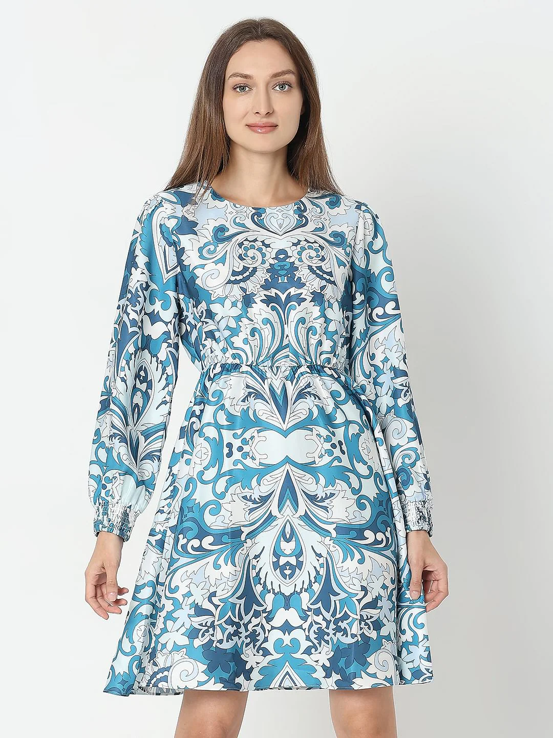 Blue Printed Fit & Flare Dress - Image 2