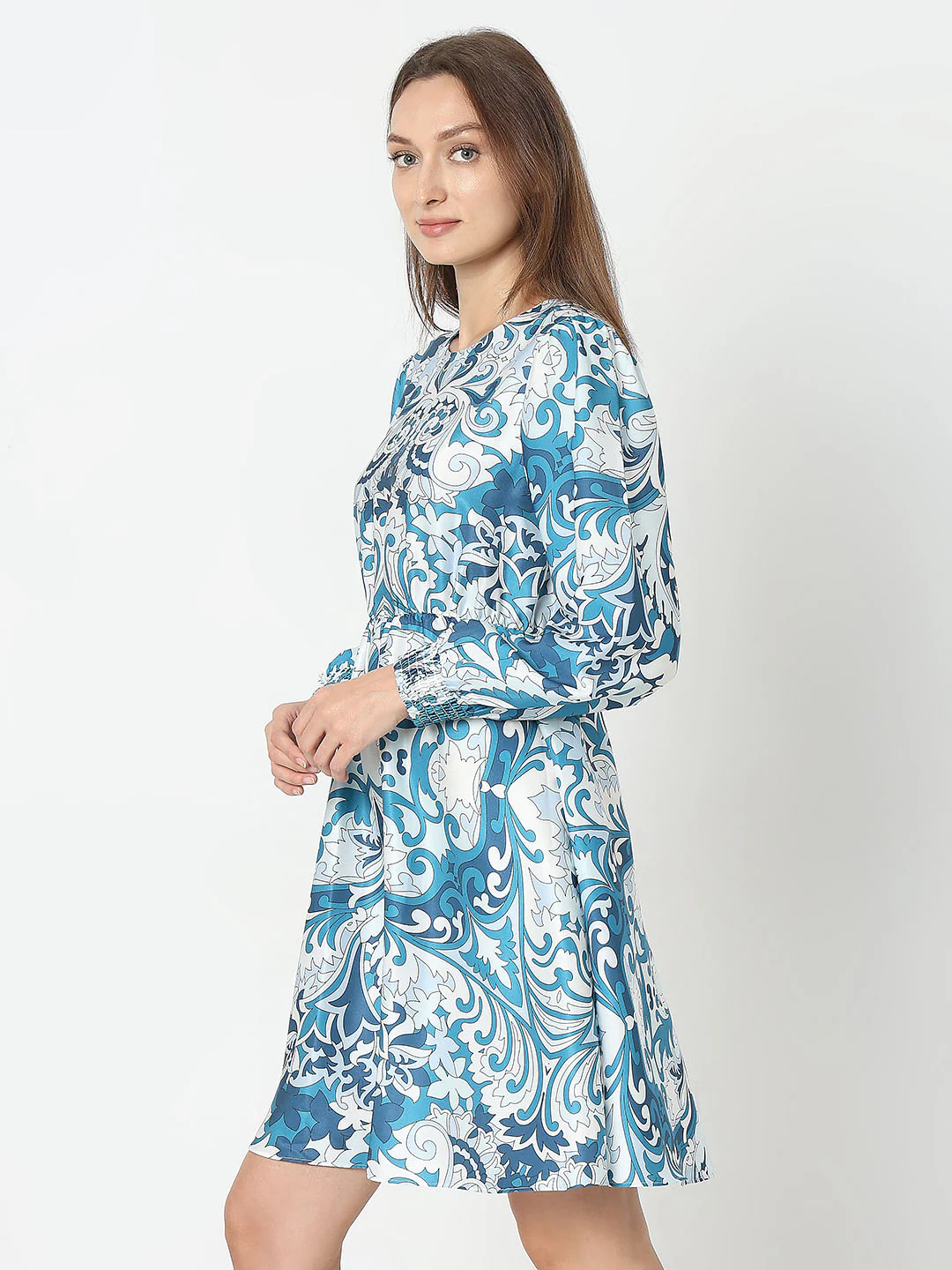 Blue Printed Fit & Flare Dress - Image 3