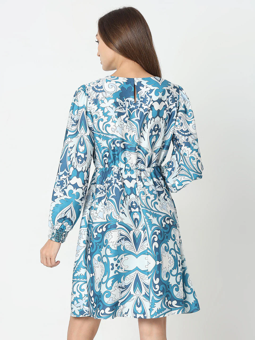 Blue Printed Fit & Flare Dress - Image 4