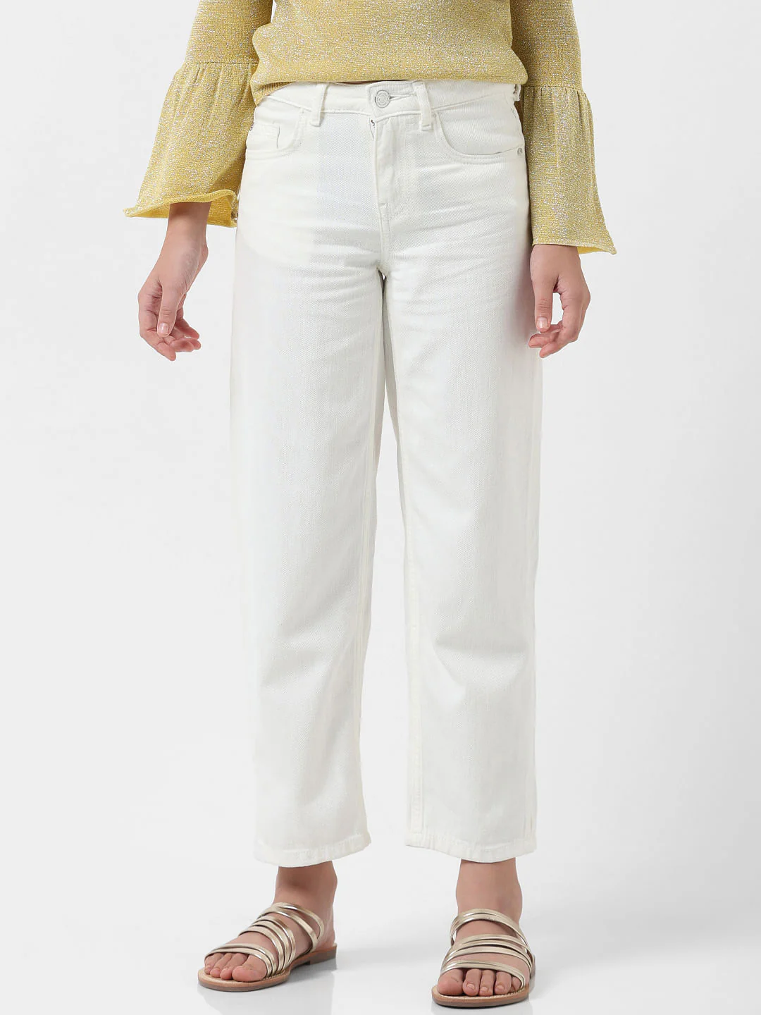 Girl White Cotton Wide Leg Jeans - Image 2