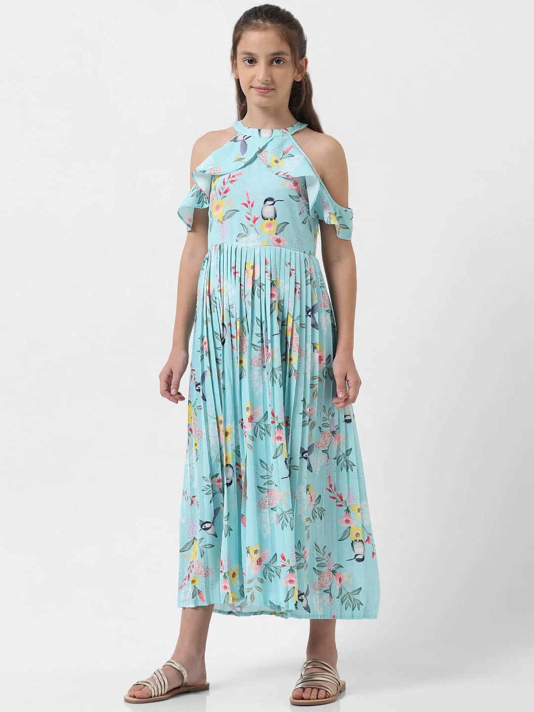Girl Blue Floral Pleated Jumpsuit - Image 2