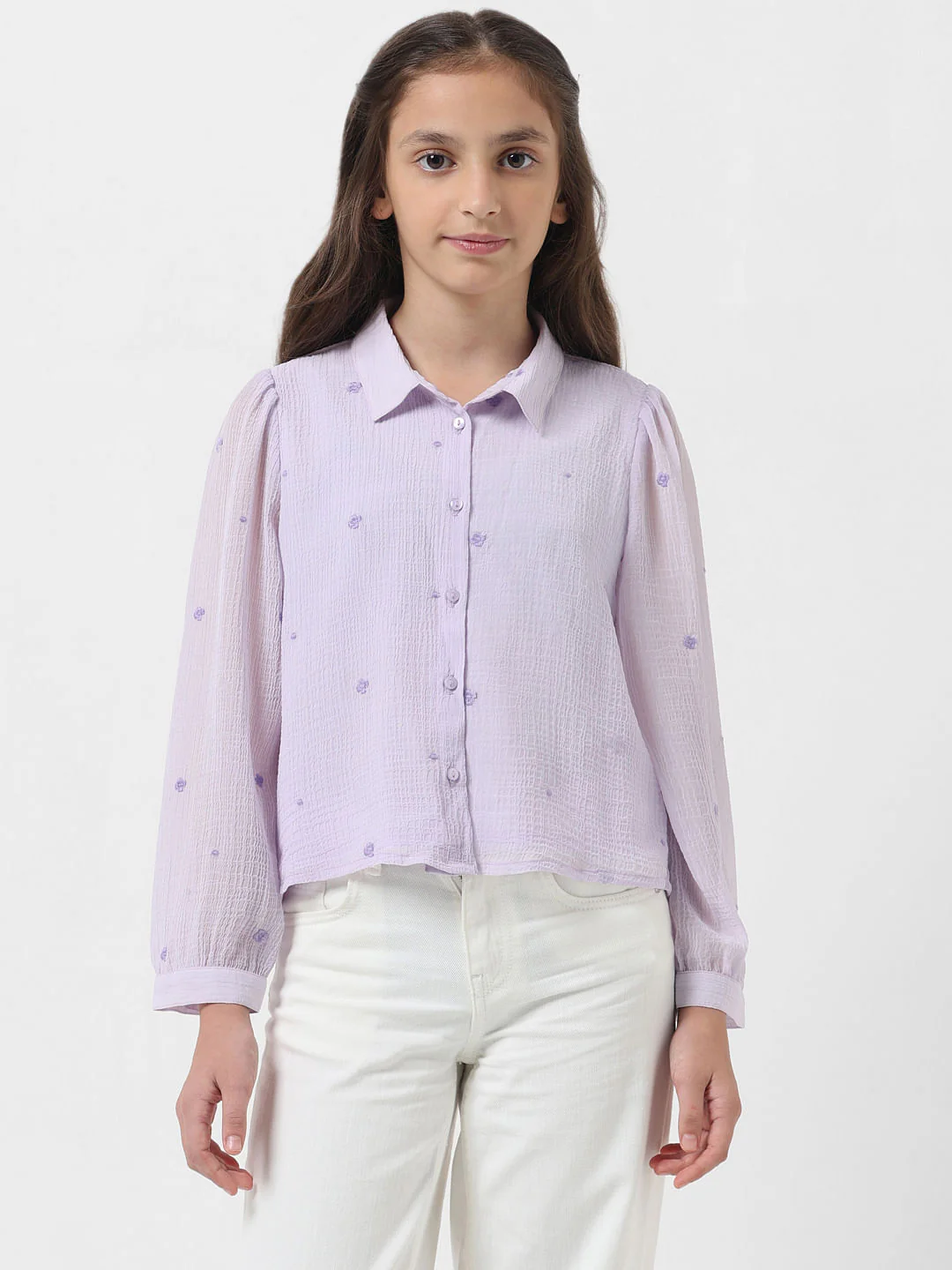 Girl Pastel Lilac Embroidered Shirt - Image 2