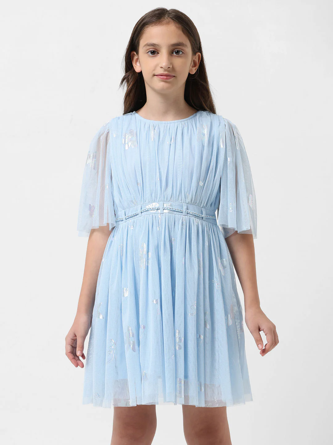 Girl Light Blue Mesh Fit & Flare Dress - Image 2