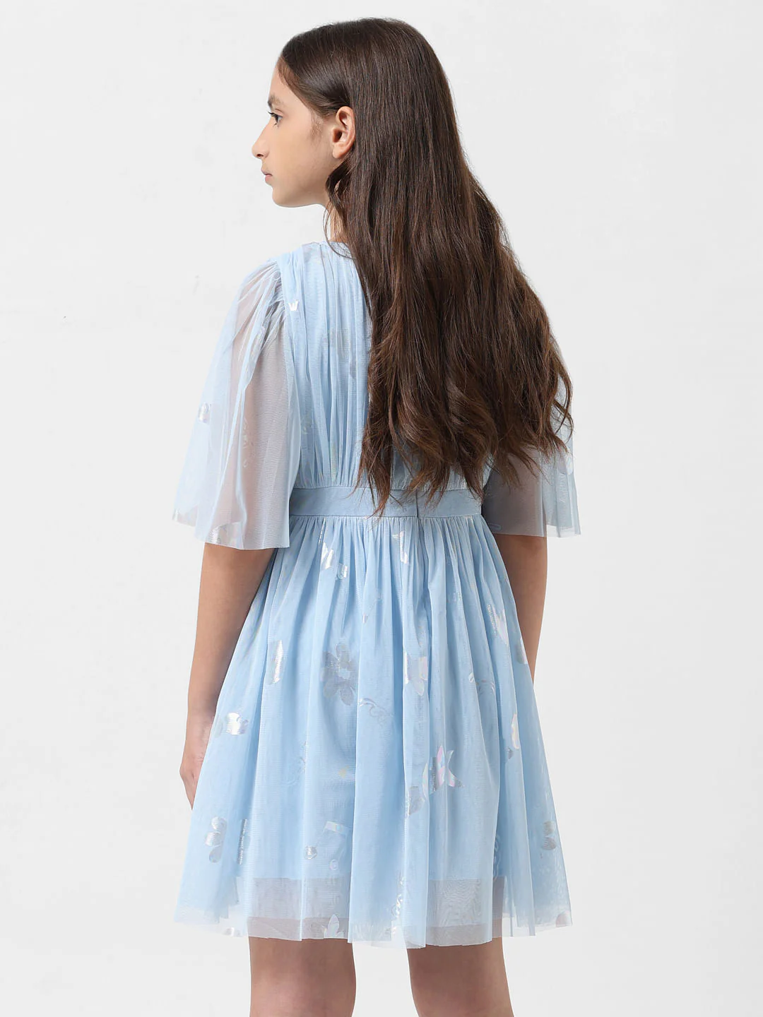 Girl Light Blue Mesh Fit & Flare Dress - Image 3