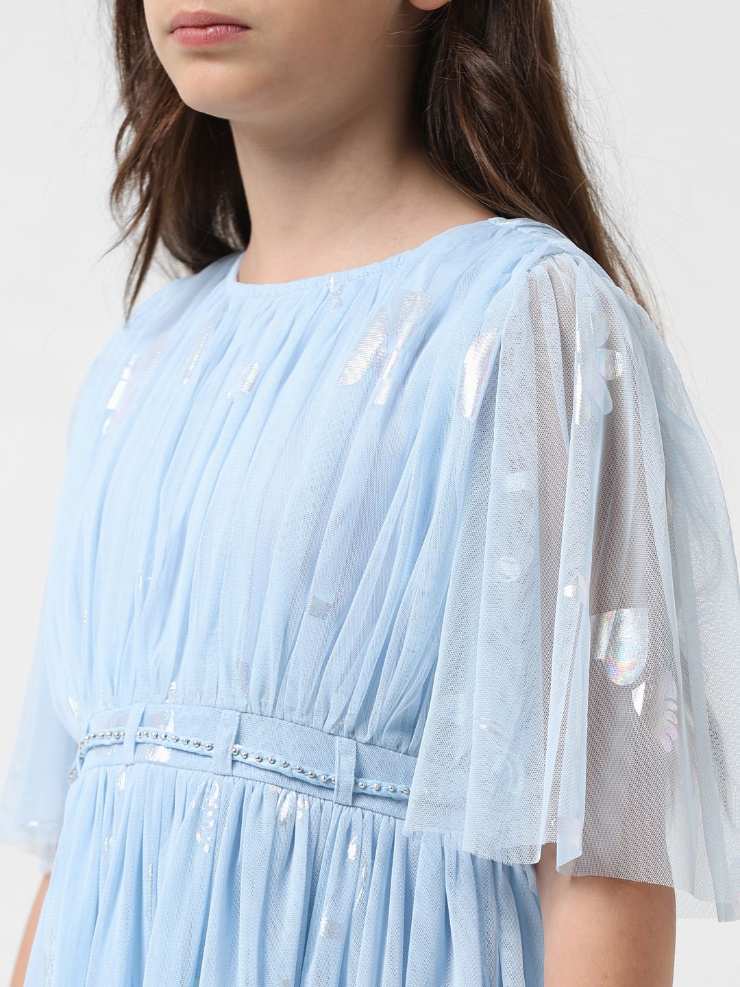 Girl Light Blue Mesh Fit & Flare Dress - Image 4