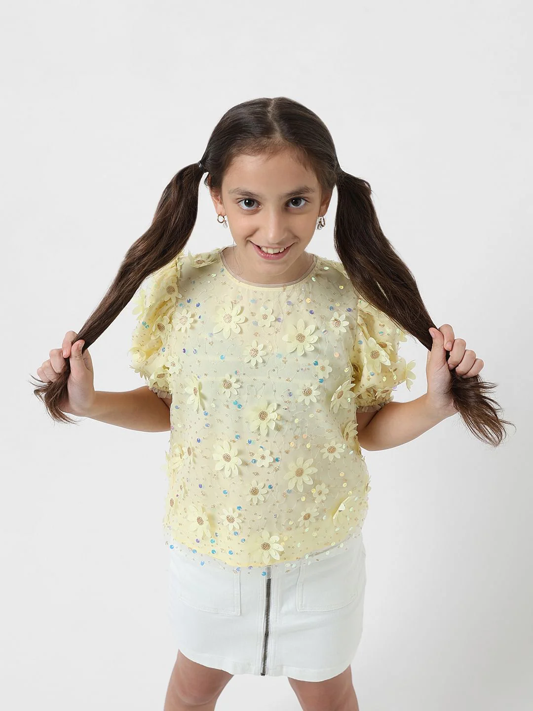 Girl Yellow Floral Embellished Top