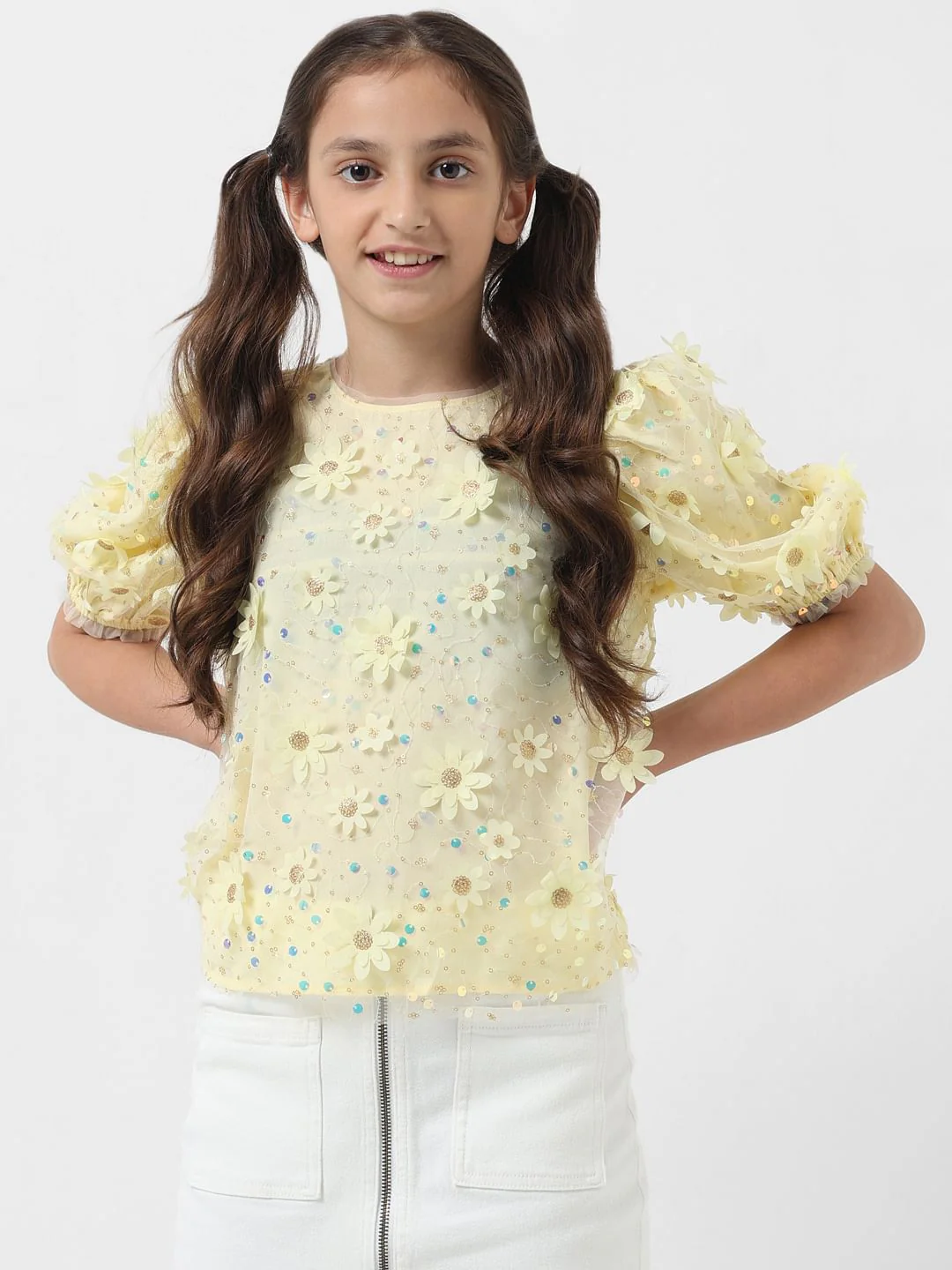 Girl Yellow Floral Embellished Top - Image 2