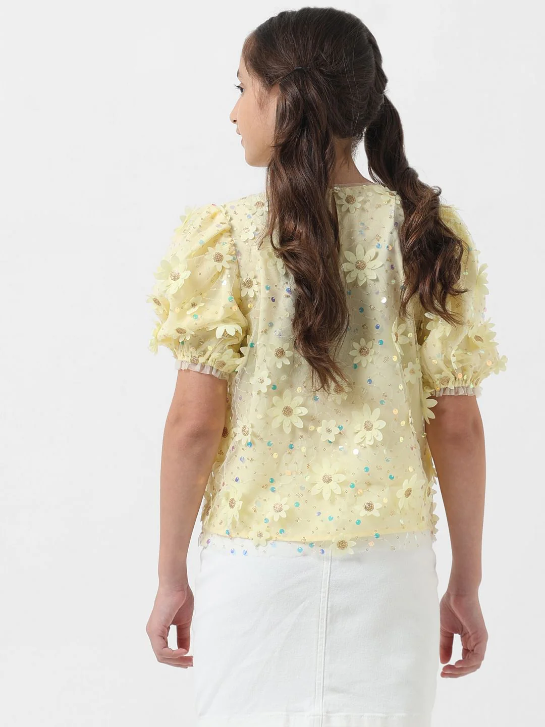 Girl Yellow Floral Embellished Top - Image 3