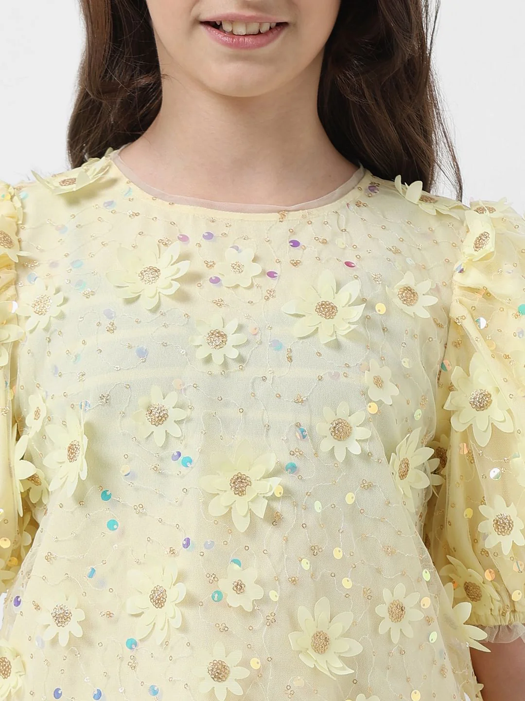 Girl Yellow Floral Embellished Top - Image 4