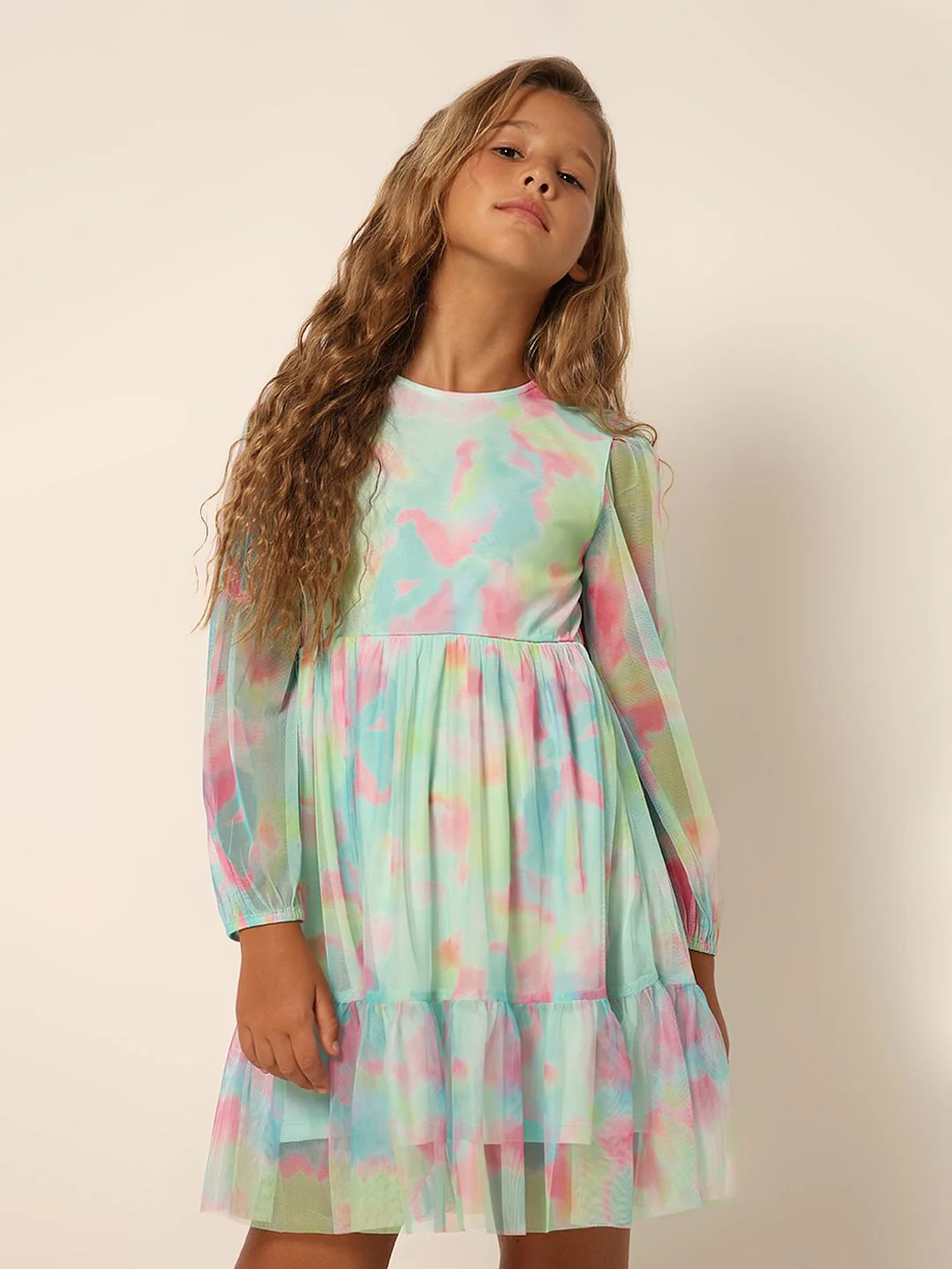 Girls Aqua Tie & Dye Fit & Flare Dress - Image 2