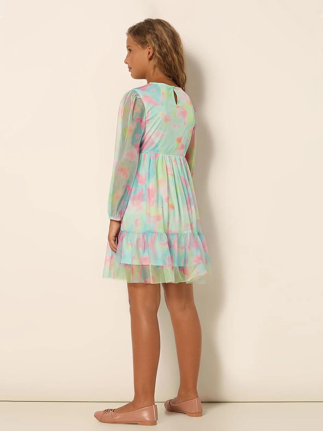 Girls Aqua Tie & Dye Fit & Flare Dress - Image 3