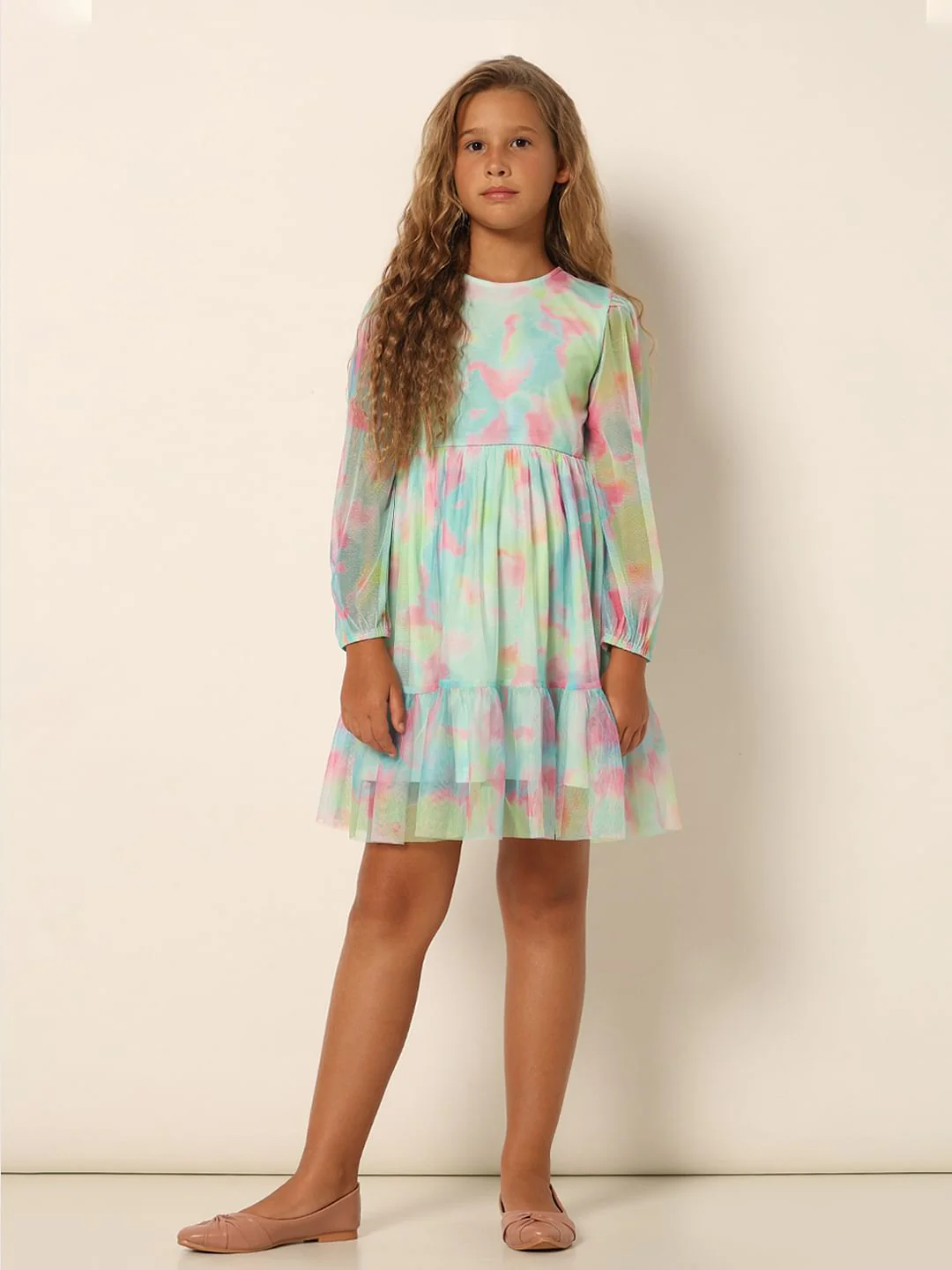 Girls Aqua Tie & Dye Fit & Flare Dress - Image 5