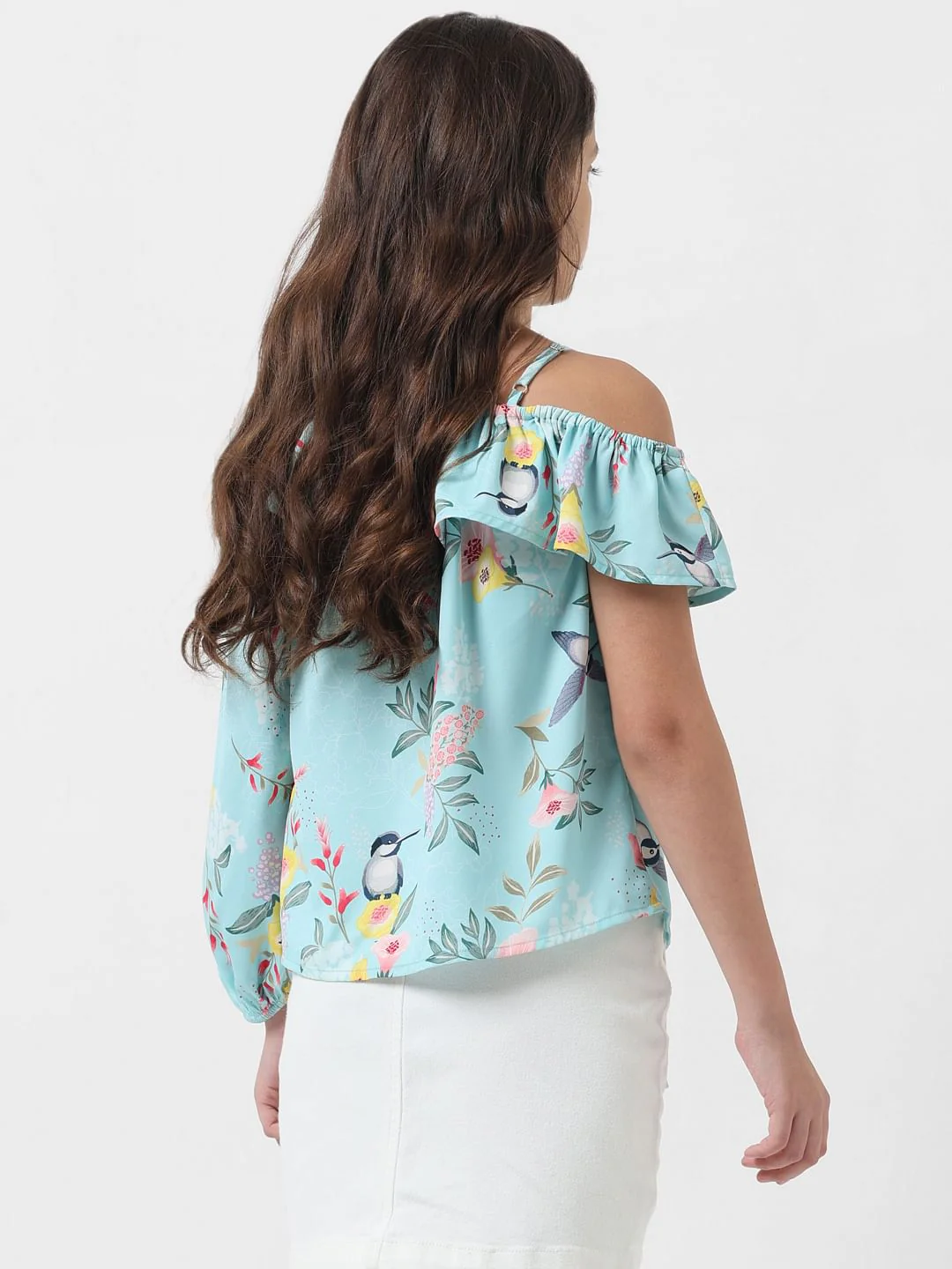 Girl Blue Floral Print One-Shoulder Top - Image 3