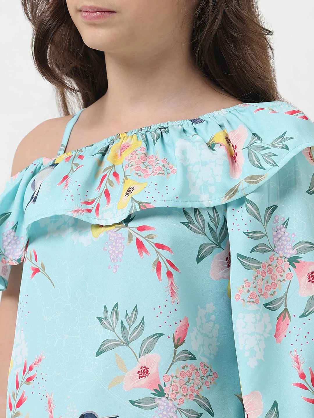 Girl Blue Floral Print One-Shoulder Top - Image 4