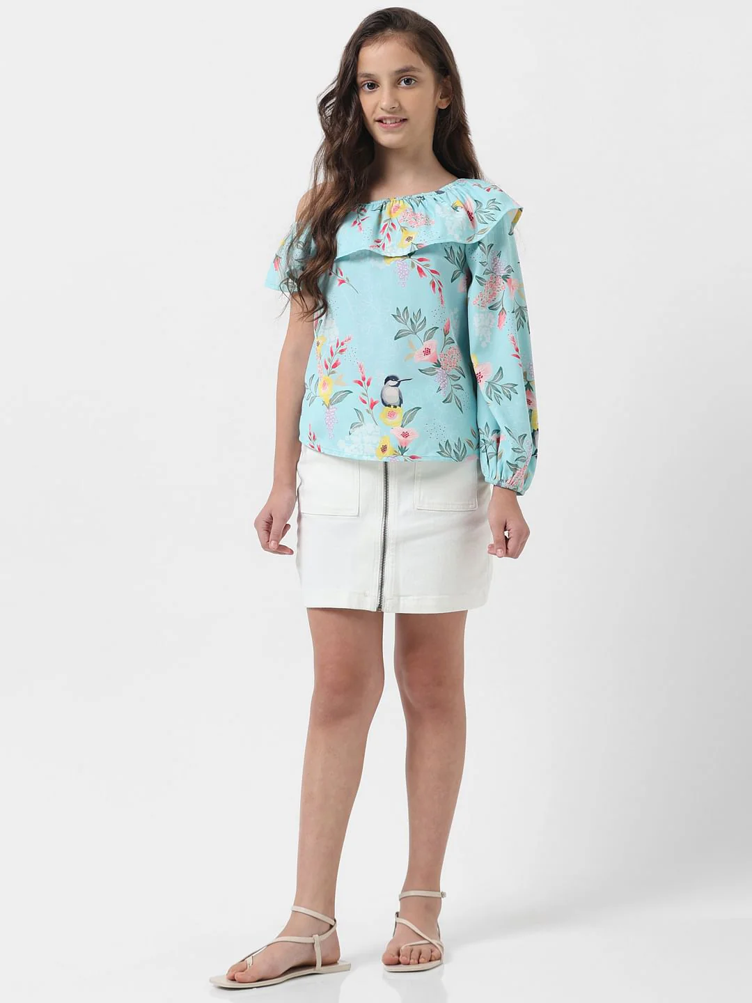 Girl Blue Floral Print One-Shoulder Top - Image 5