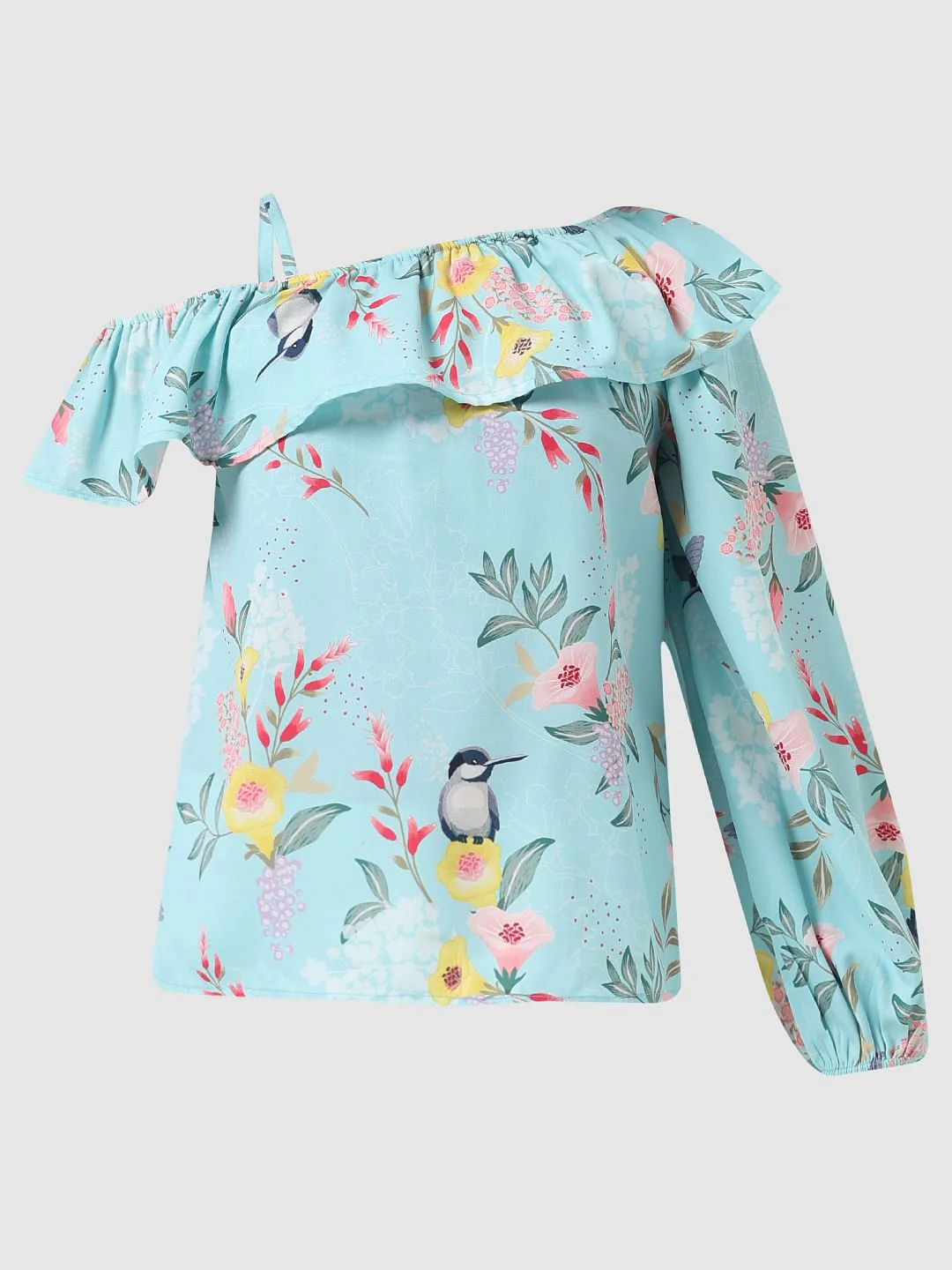 Girl Blue Floral Print One-Shoulder Top - Image 6