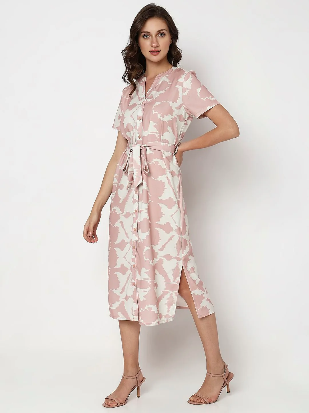 Pink Printed Midi Shirt Dress - Image 3