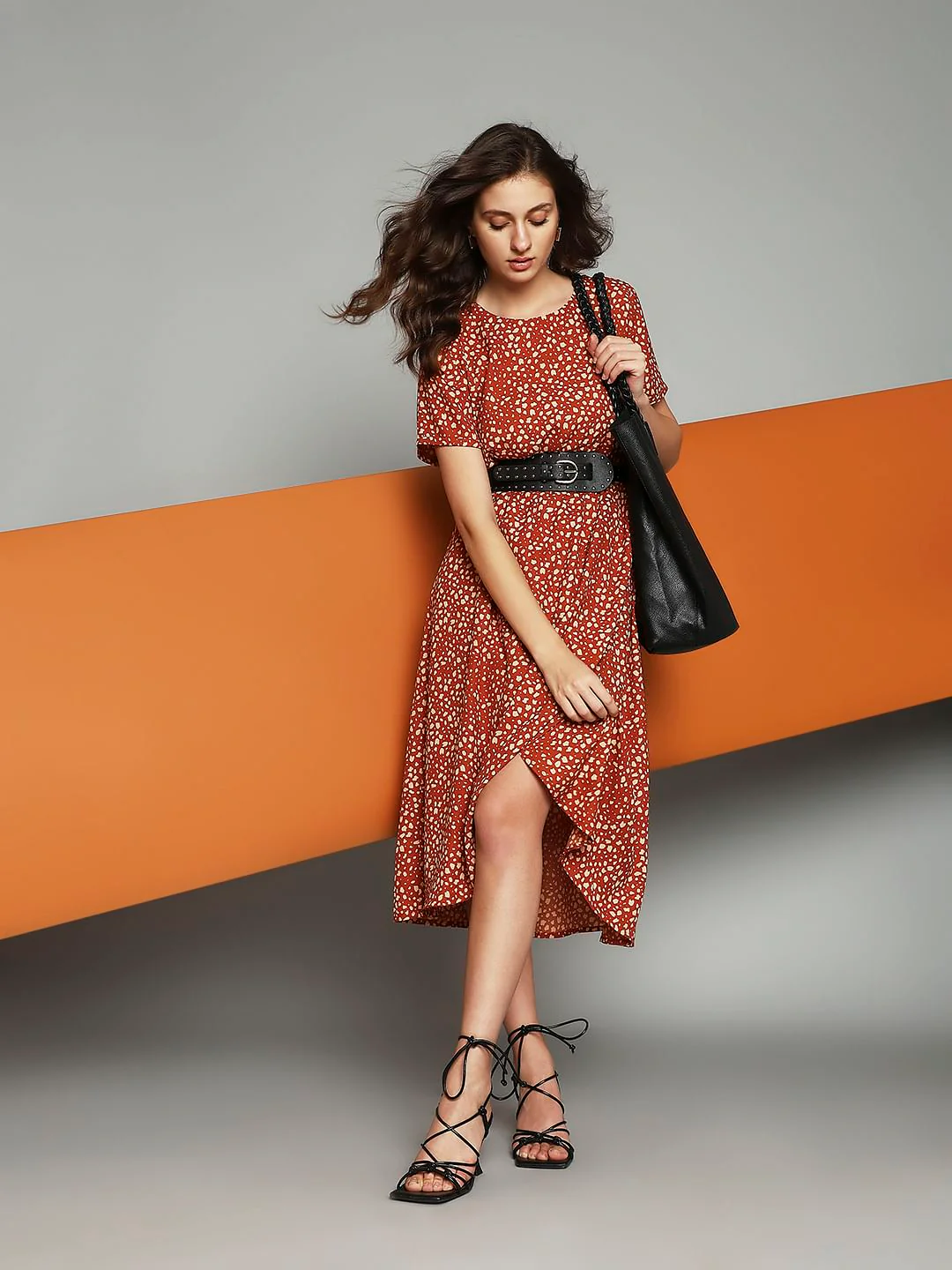 Orange Printed Midi Dress