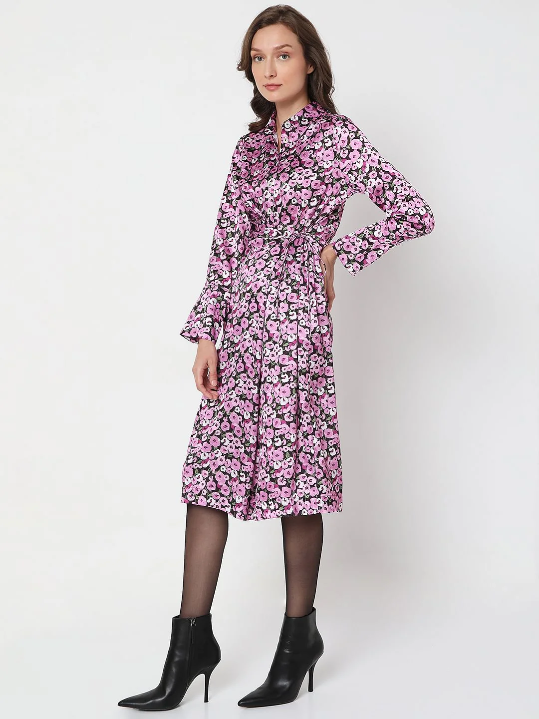 Purple Floral Print Shirt Dress - Image 3