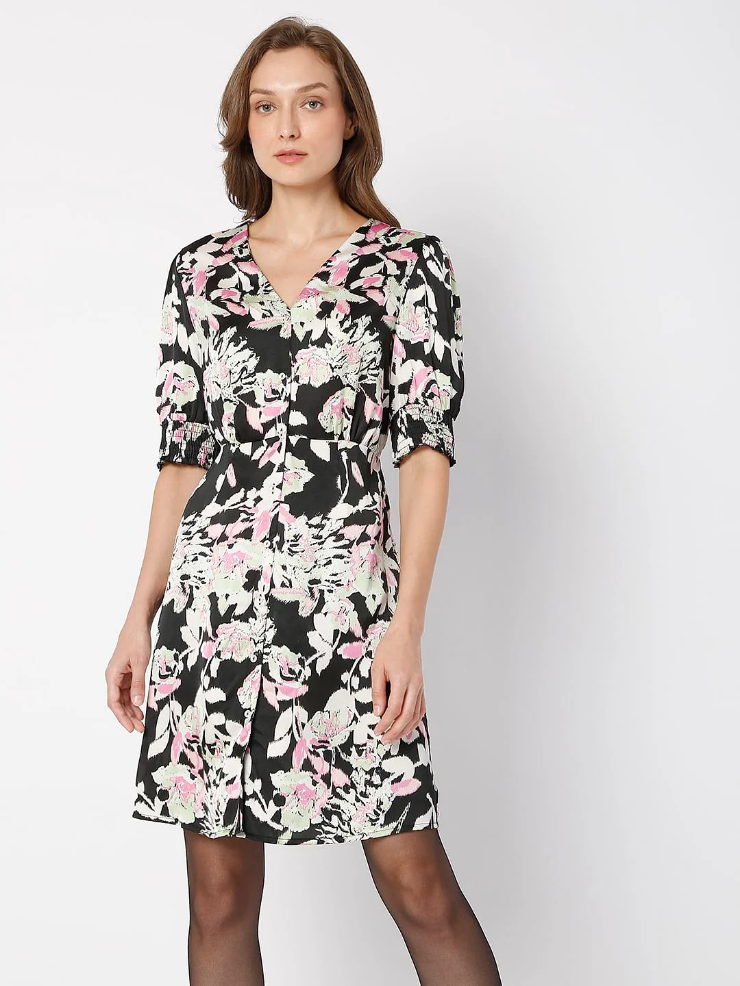 Black Floral Fit & Flare Dress - Image 2