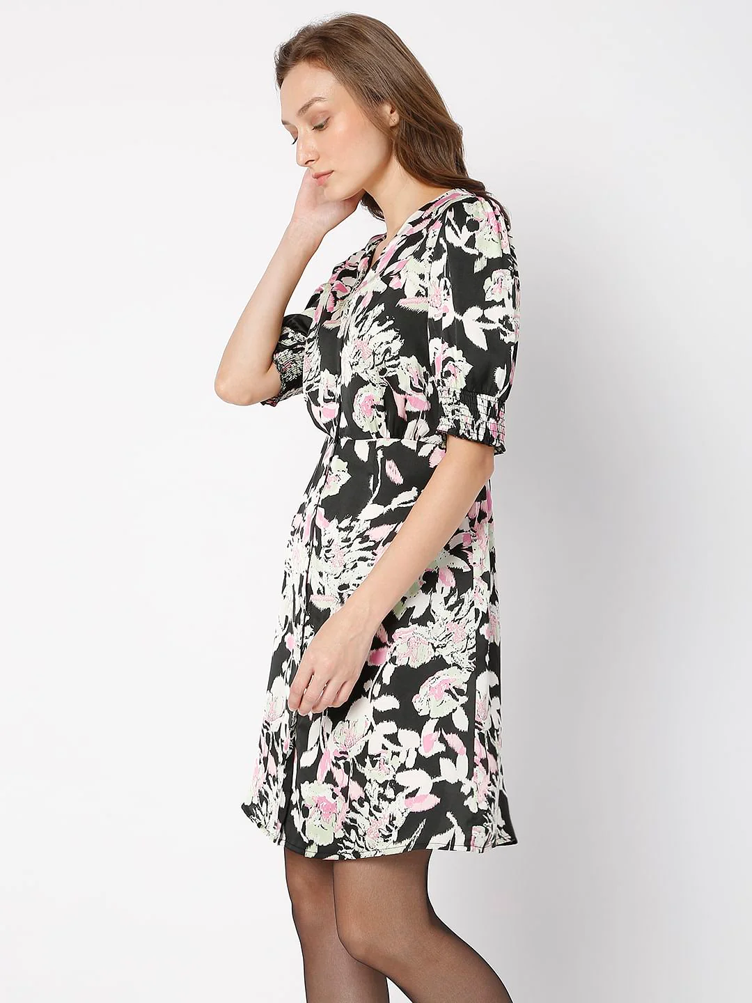 Black Floral Fit & Flare Dress - Image 3