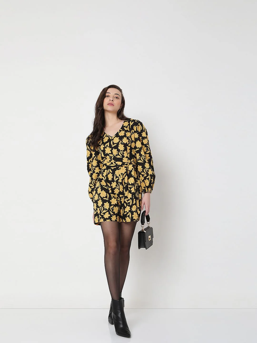 Black Floral Print Playsuit
