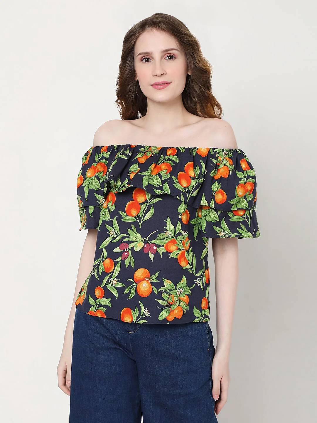 Blue Fruit Print Off Shoulder Top - Image 2