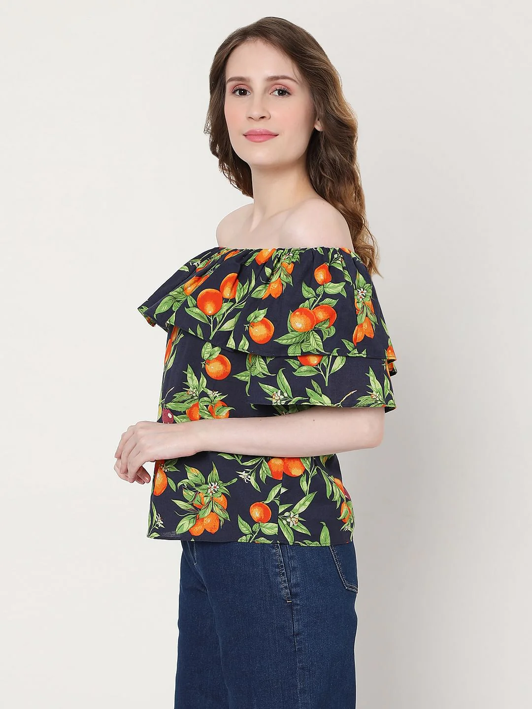 Blue Fruit Print Off Shoulder Top - Image 3