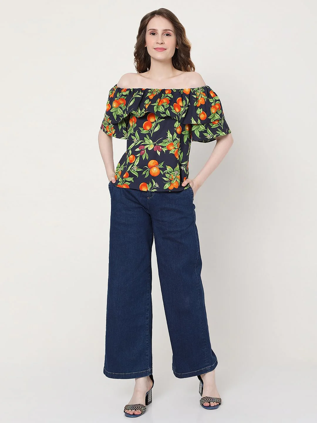 Blue Fruit Print Off Shoulder Top - Image 5