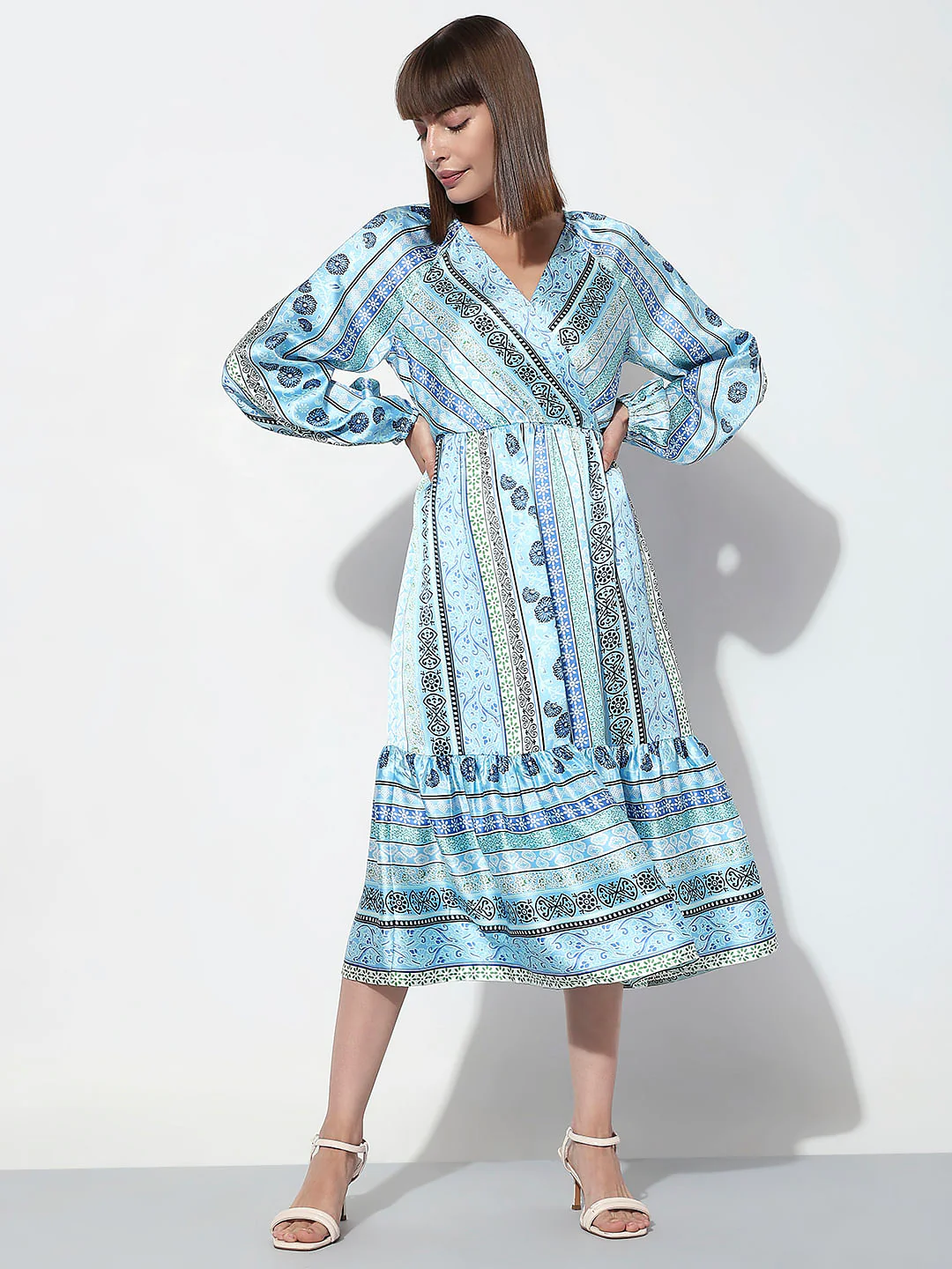 Blue Printed Satin Midi Dress - Image 2