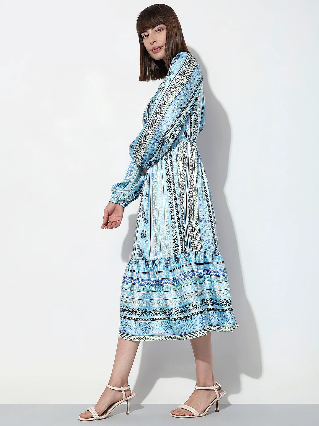Blue Printed Satin Midi Dress - Image 3