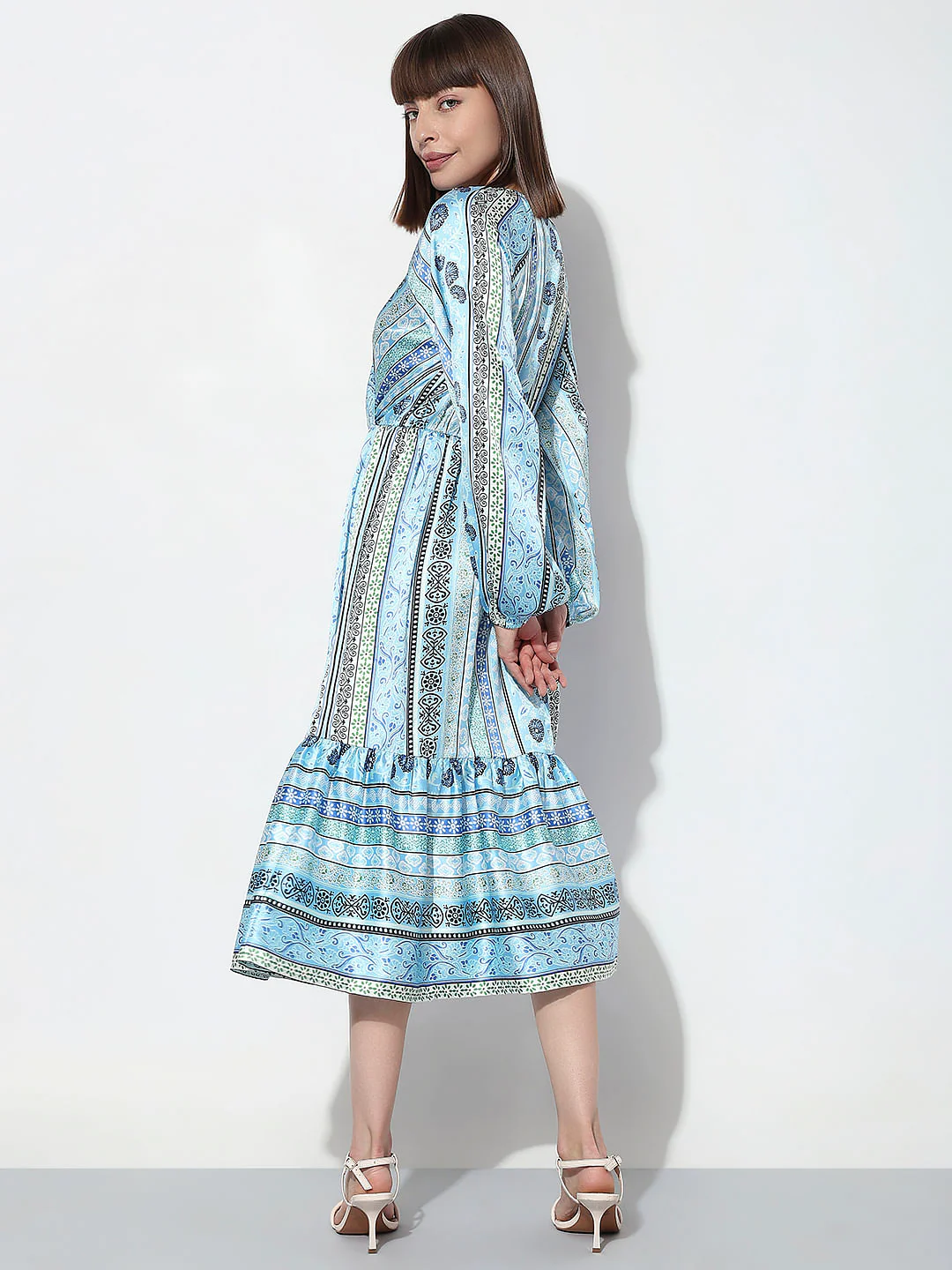 Blue Printed Satin Midi Dress - Image 4