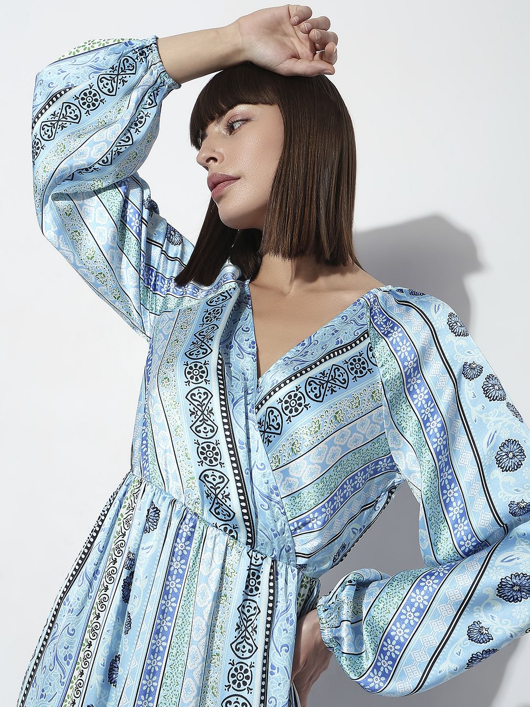 Blue Printed Satin Midi Dress - Image 5