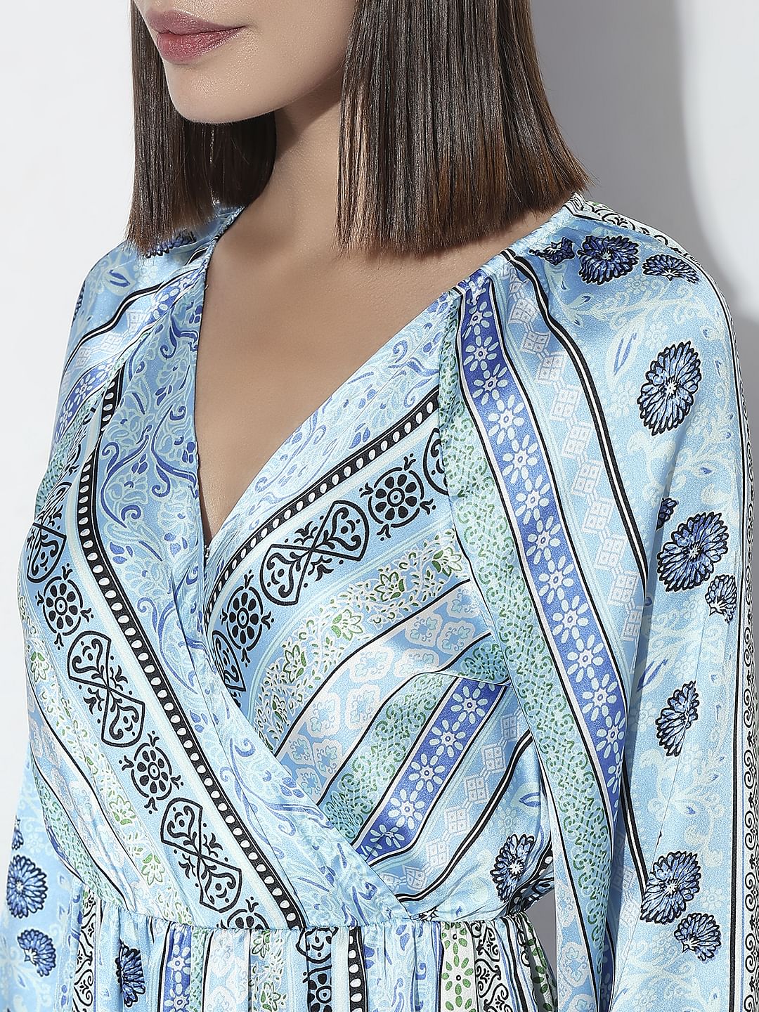 Blue Printed Satin Midi Dress - Image 7