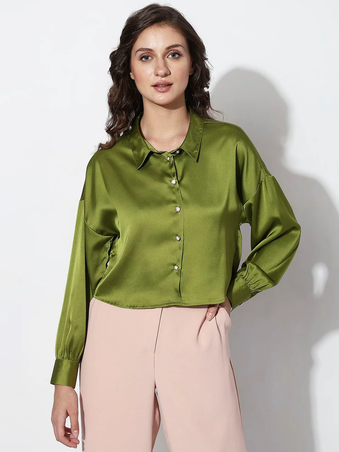 Green Satin Cropped Shirt - Image 2
