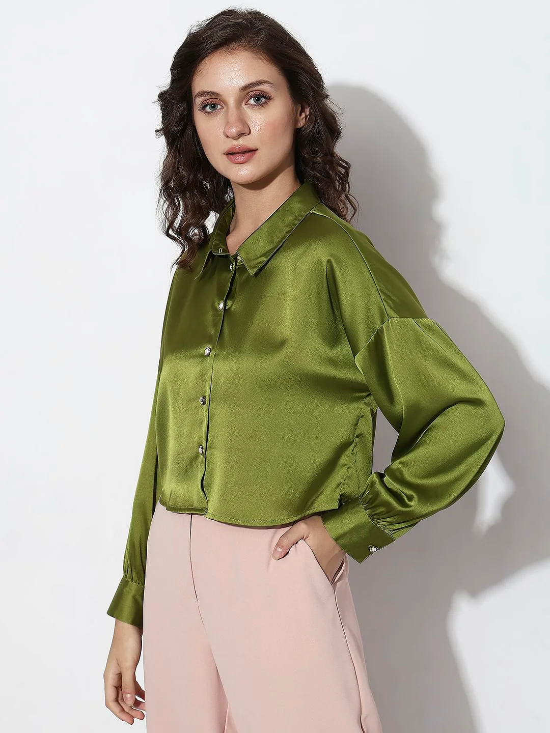 Green Satin Cropped Shirt - Image 3