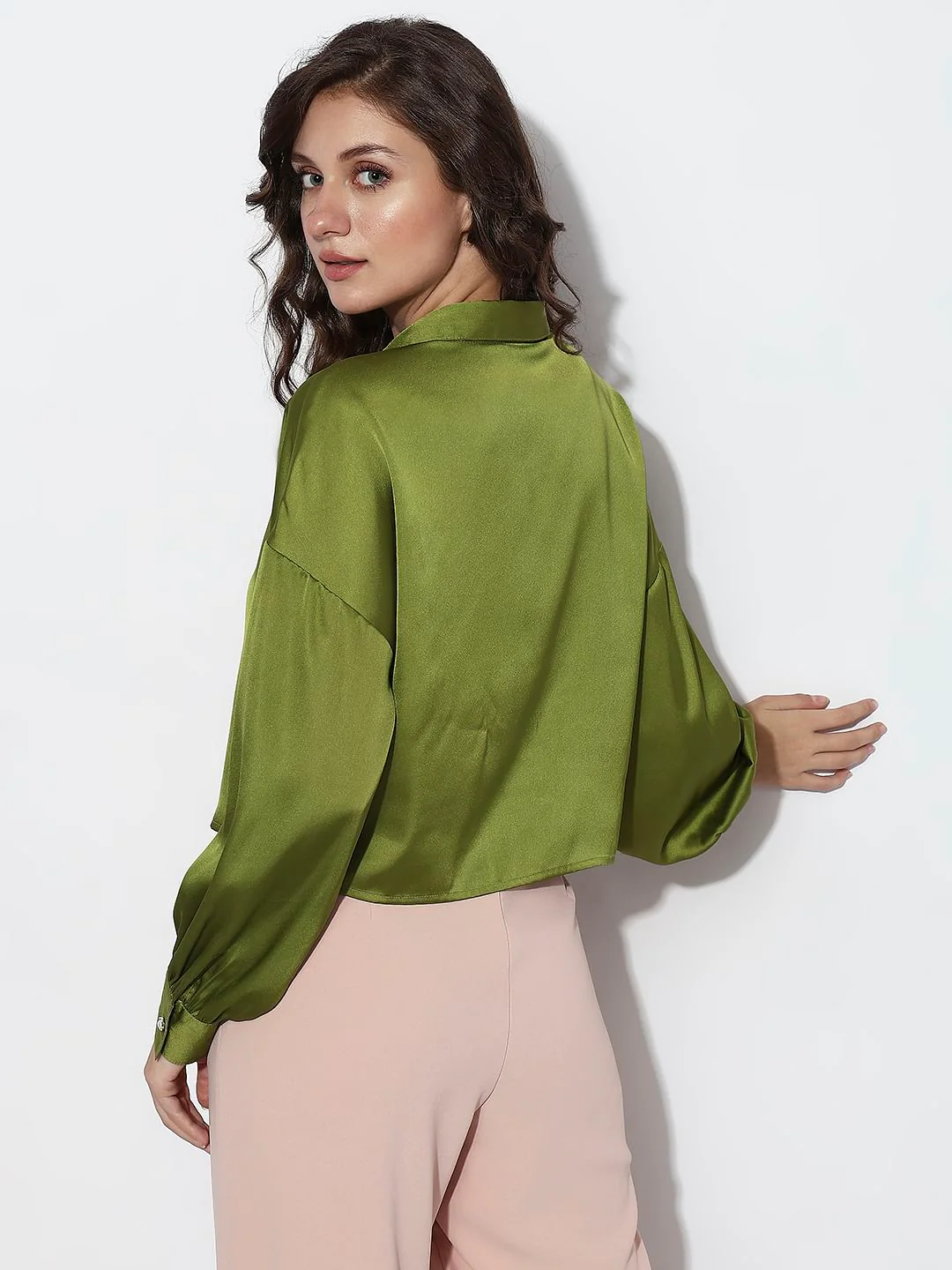 Green Satin Cropped Shirt - Image 4